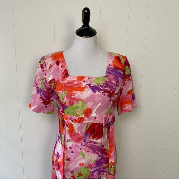 Vintage 60s 70s Pink Floral Empire Waist Maxi Dress Hostess 19.5” PTP, 15.5” W - Picture 2 of 16